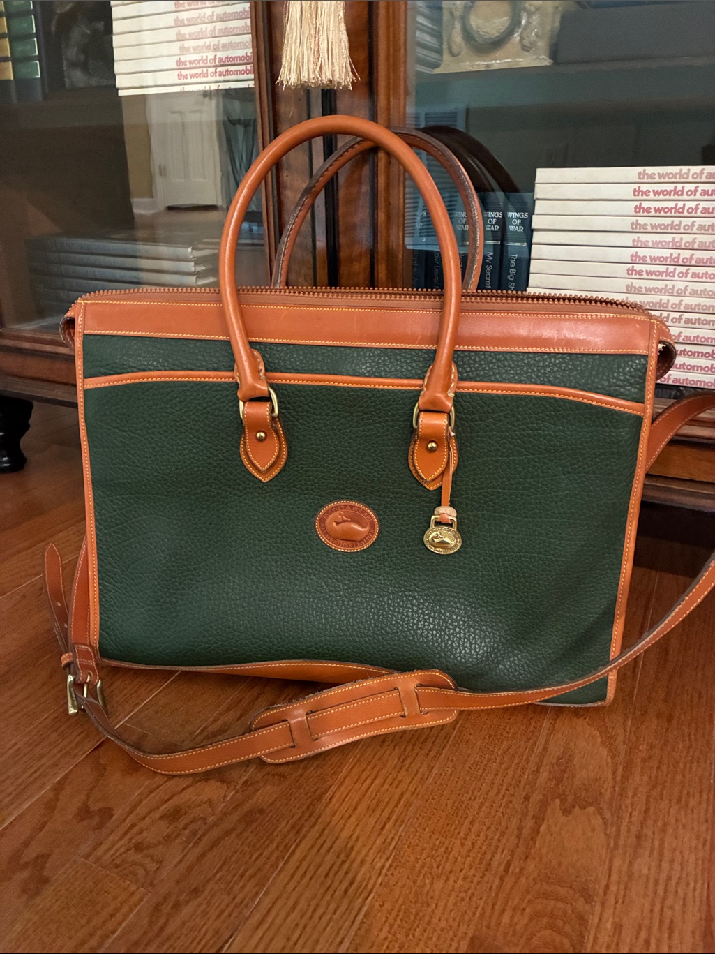 Dooney & Bourke Green Pebbled Leather Handbag With Tan Trim And Gold Hardware
